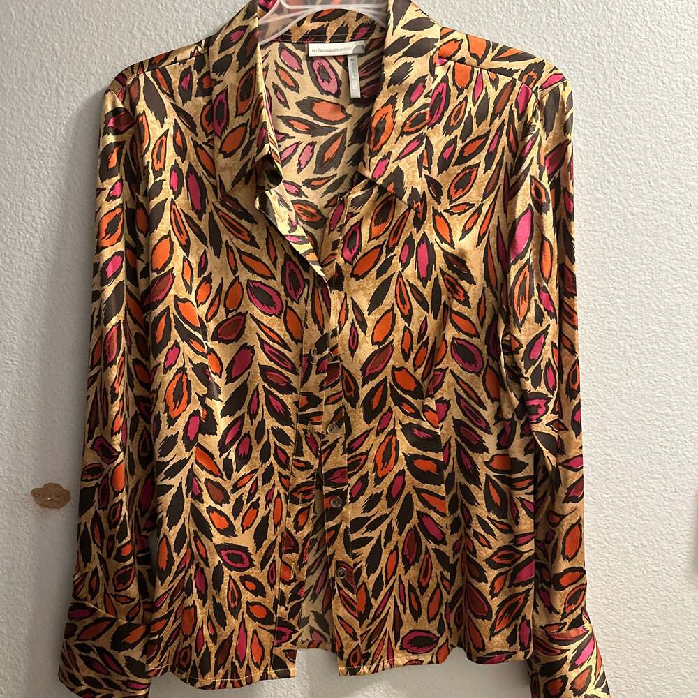 Classiques Entier Silk Blend Multicolor Abstract Leaf Print Button Up Blouse Siz